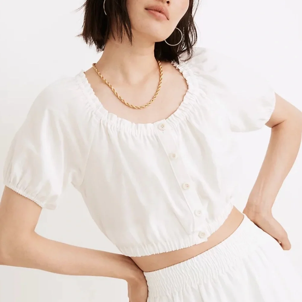 Madewell Puff Sleeve Peasant Crop Top Lighthouse Size XS